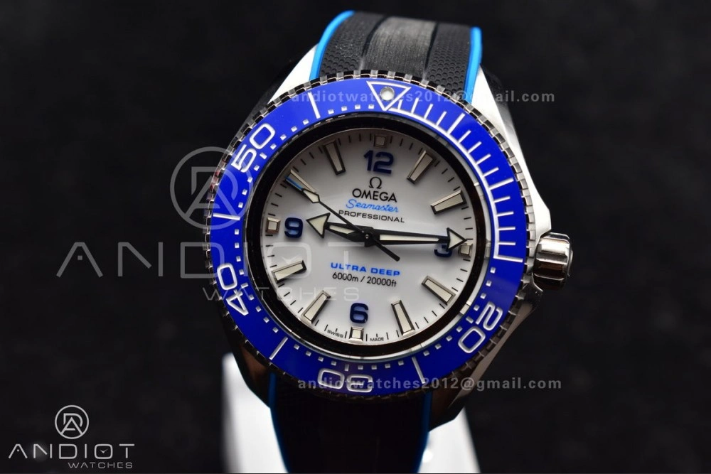 Popular Seamaster 6000M Ultra Deep SS TF 1:1 Best Edition White Dial Blue Ceramic Bezel on Black Rubber Strap A 73
