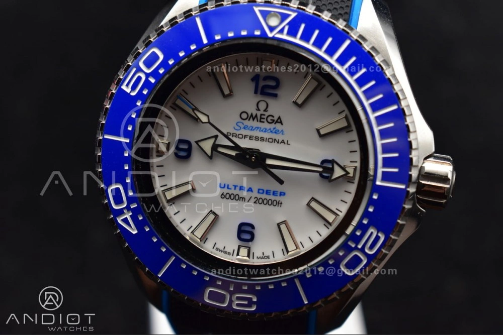 GoodFit Seamaster 6000M Ultra Deep SS TF 1:1 Best Edition White Dial Blue Ceramic Bezel on Black Rubber Strap A 1078