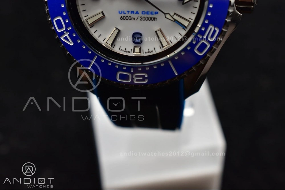 GoodFit Seamaster 6000M Ultra Deep SS TF 1:1 Best Edition White Dial Blue Ceramic Bezel on Black Rubber Strap A 1078