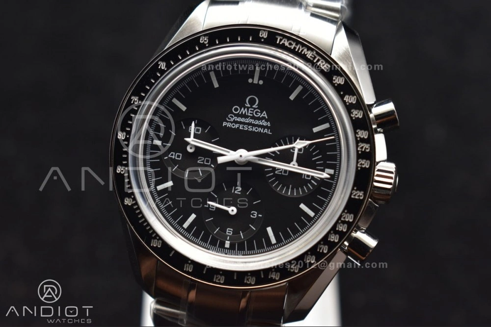 TechFriendly Speedmaster MoonWatch OMF SS Sapphire Crystal Black Dial on SS Bracelet Manual Winding Chrono Movement with Transparent Back 1121