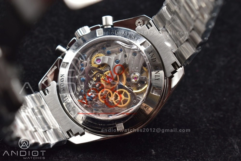 TechFriendly Speedmaster MoonWatch OMF SS Sapphire Crystal Black Dial on SS Bracelet Manual Winding Chrono Movement with Transparent Back 1121