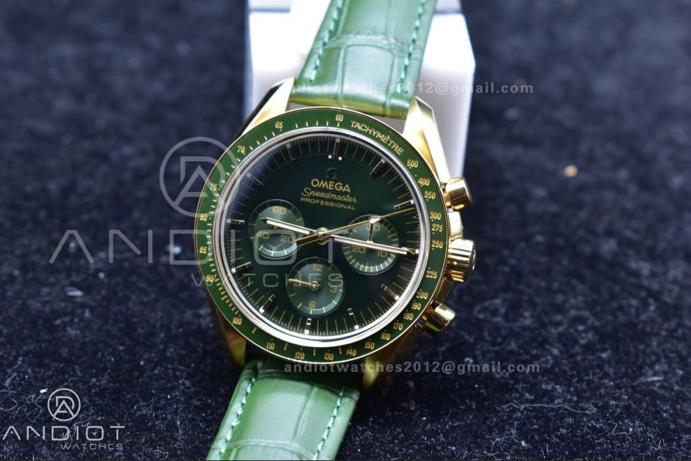 Speedmaster Moonwatch in Moonshine Gold YG RMF Best Edition Green Dial on Green Leather Strap Manual Chrono Elegant 18