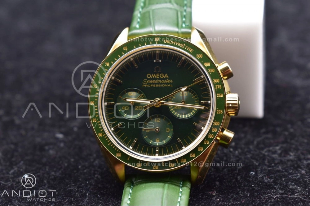 Speedmaster Moonwatch in Moonshine Gold YG RMF Best Edition Green Dial on Green Leather Strap Manual Chrono SmoothTexture 460