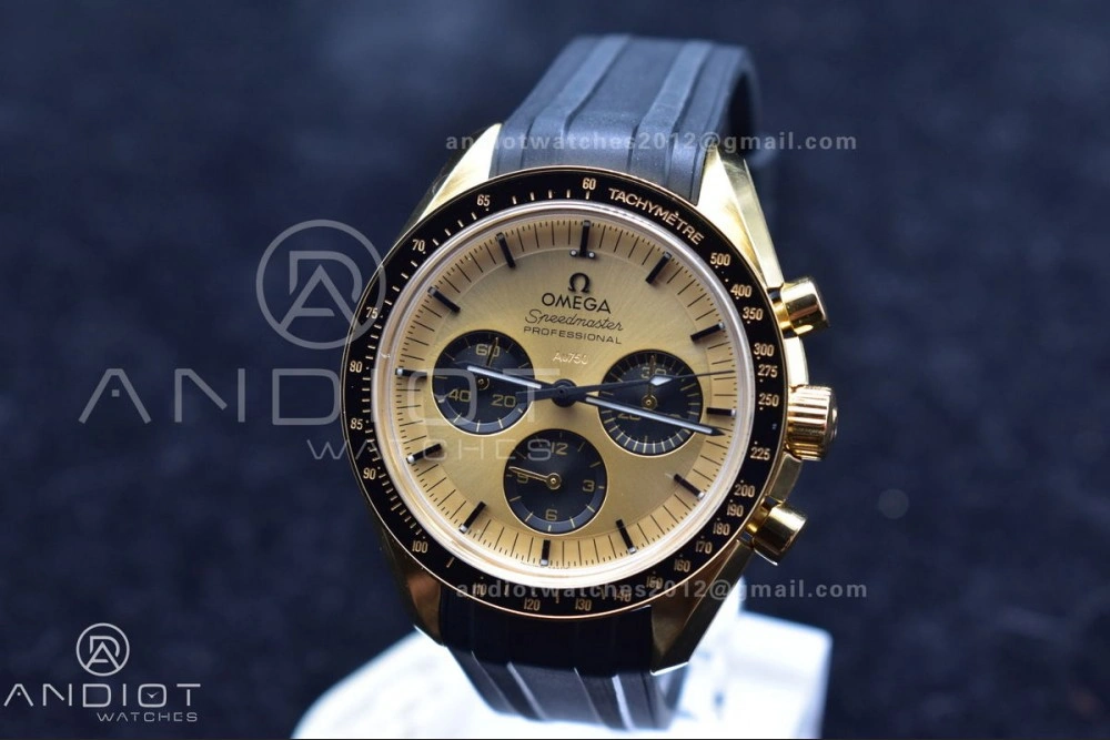 Speedmaster Moonwatch in Moonshine Gold YG RMF Best Edition YG Dial on Black Rubber Strap Manual Chrono Efficient 11