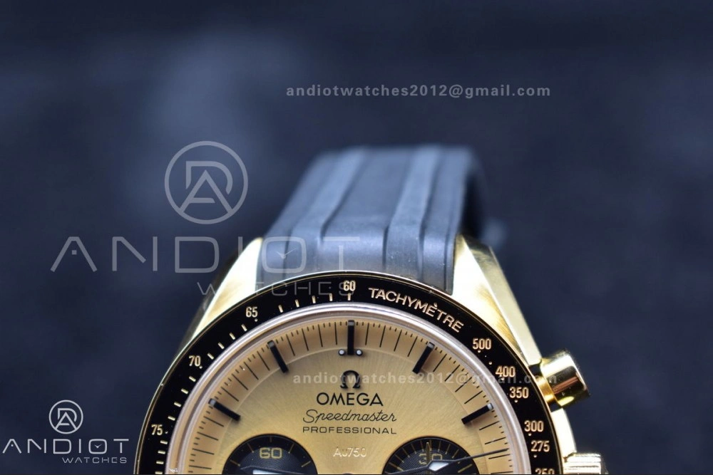 Speedmaster Moonwatch in Moonshine Gold YG RMF Best Edition YG Dial on Black Rubber Strap Manual Chrono Efficient 11