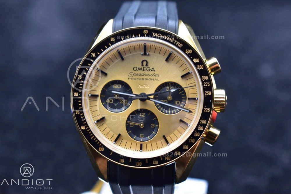 Speedmaster Moonwatch in Moonshine Gold YG RMF Best Edition YG Dial on Black Rubber Strap Manual Chrono Efficient 11