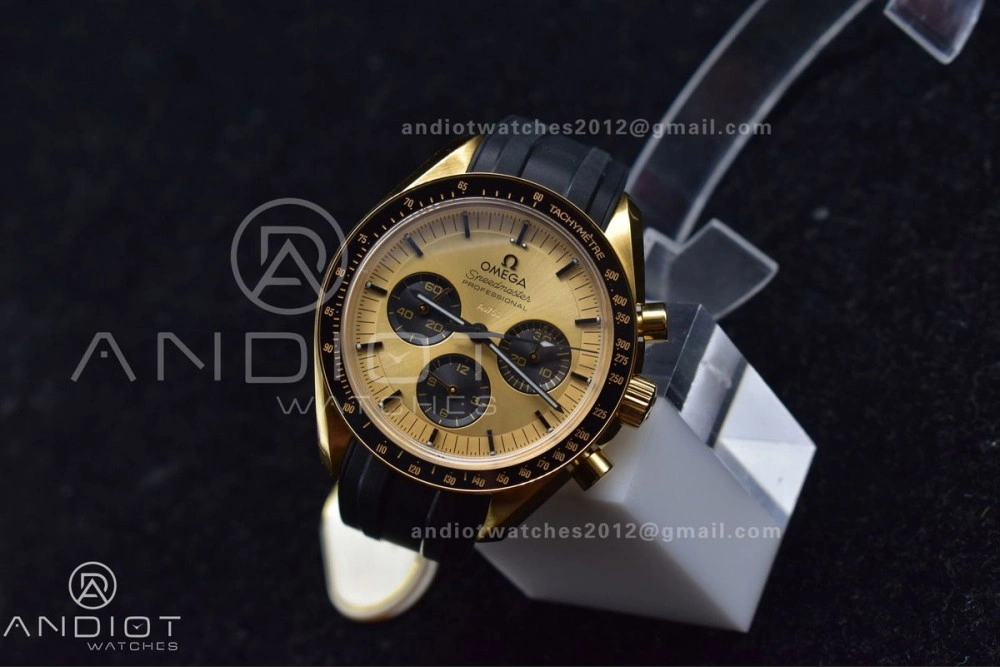 Speedmaster Moonwatch in Moonshine Gold YG RMF Best Edition YG Dial on Black Rubber Strap Manual Chrono Efficient 11