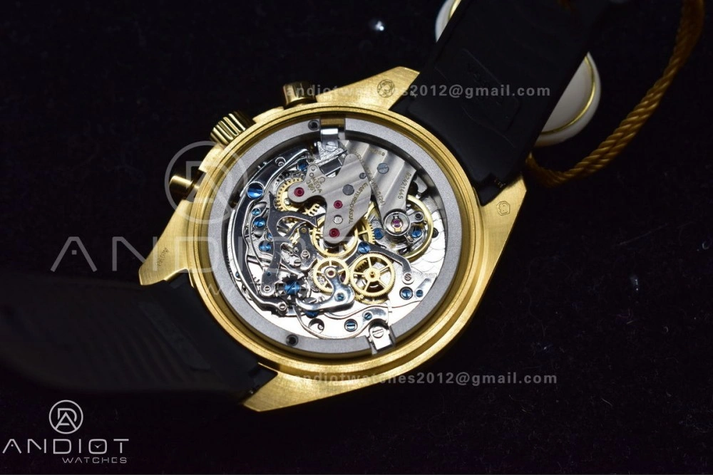Speedmaster Moonwatch in Moonshine Gold YG RMF Best Edition YG Dial on Black Rubber Strap Manual Chrono Efficient 11