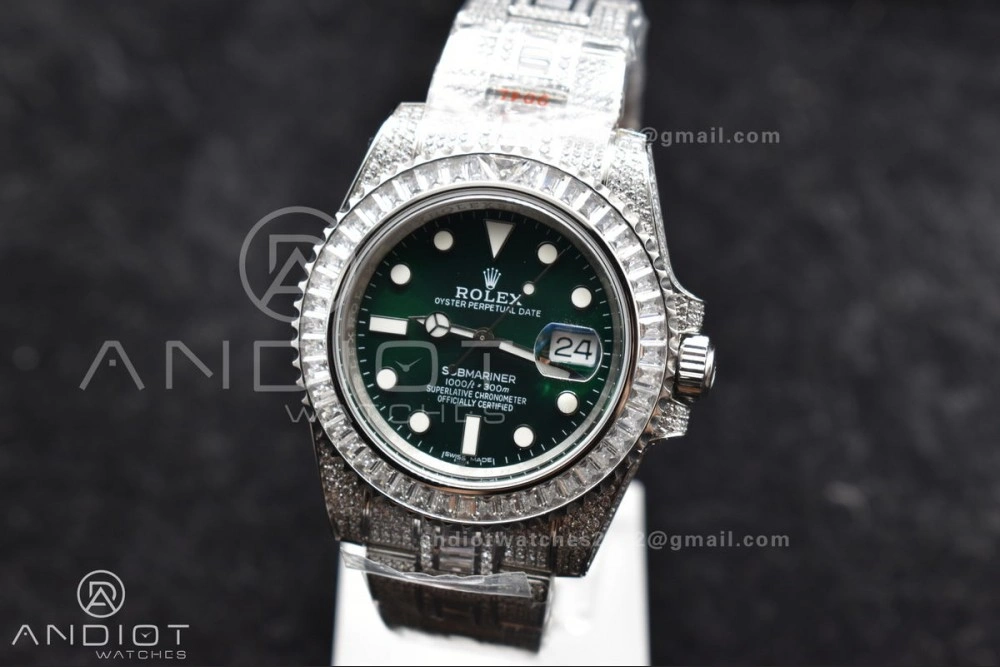 Unisex Submariner 40mm Full Diamonds SS AMGF Best Edition Green Dial on Bracelet on VR 1150