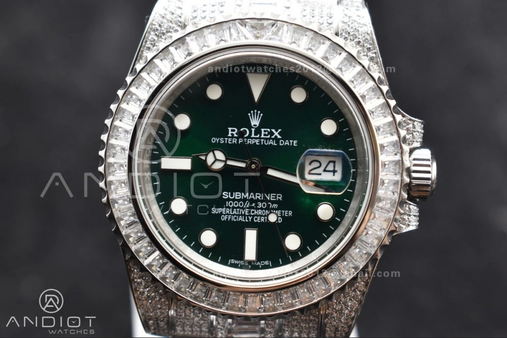Unisex Submariner 40mm Full Diamonds SS AMGF Best Edition Green Dial on Bracelet on VR 1150