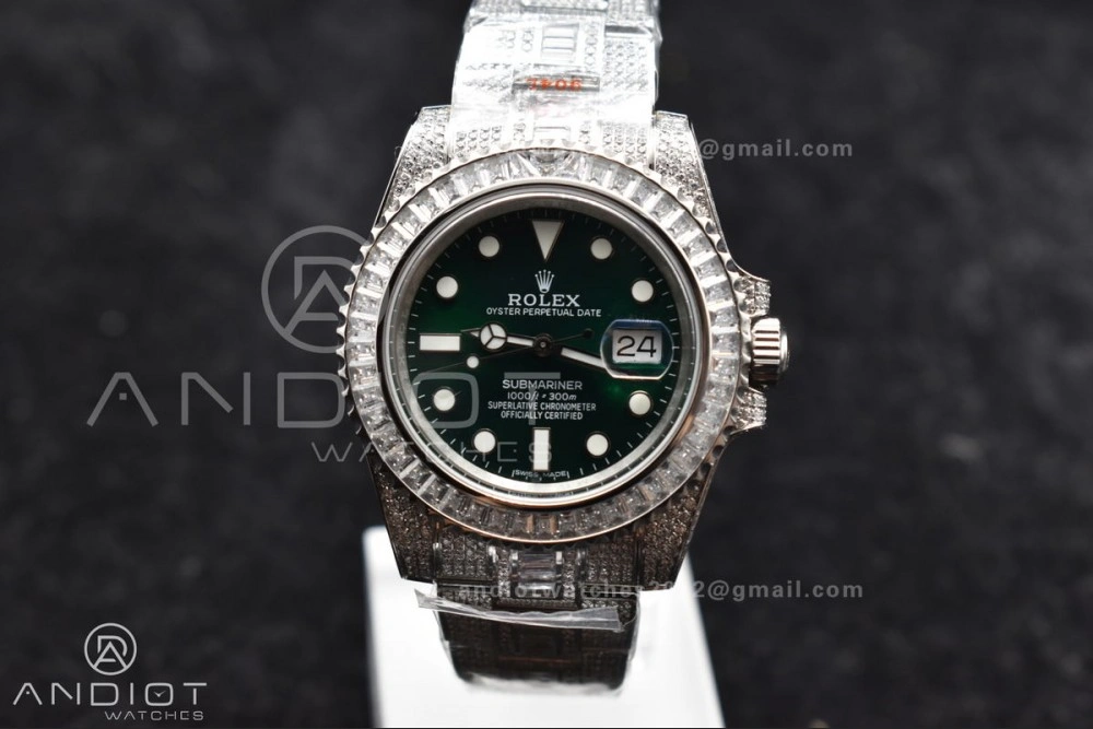 Unisex Submariner 40mm Full Diamonds SS AMGF Best Edition Green Dial on Bracelet on VR 1150