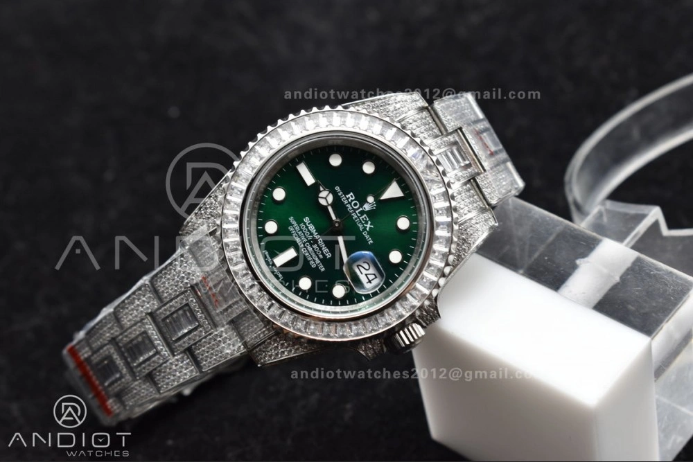 Unisex Submariner 40mm Full Diamonds SS AMGF Best Edition Green Dial on Bracelet on VR 1150