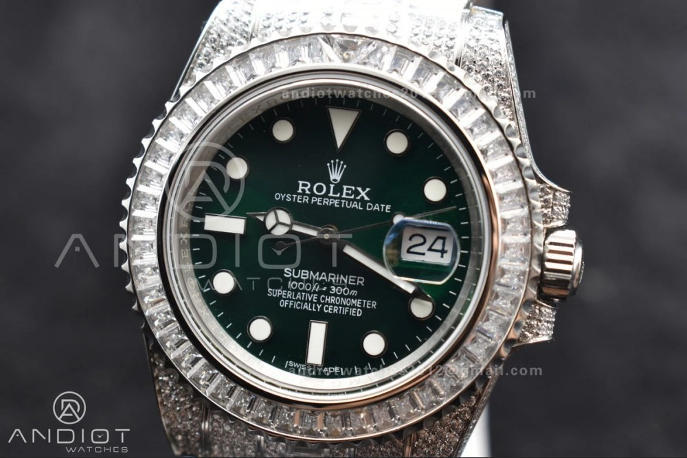 Unisex Submariner 40mm Full Diamonds SS AMGF Best Edition Green Dial on Bracelet on VR 1150