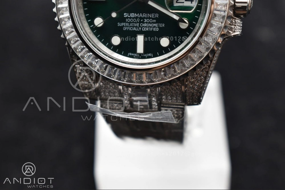 Unisex Submariner 40mm Full Diamonds SS AMGF Best Edition Green Dial on Bracelet on VR 1150