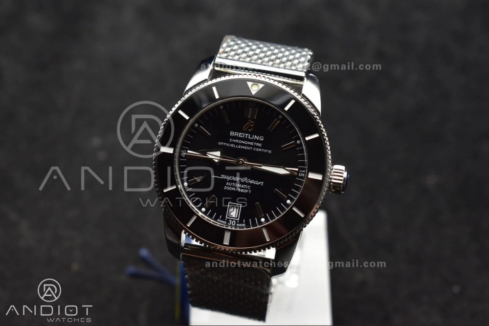 HighQuality Super Ocean Heritage II BLSF 42mm SS Black Dial Black Ceramic Bezel on SS Mesh Bracelet A 194