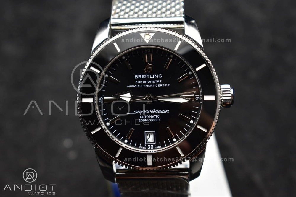 HighQuality Super Ocean Heritage II BLSF 42mm SS Black Dial Black Ceramic Bezel on SS Mesh Bracelet A 194