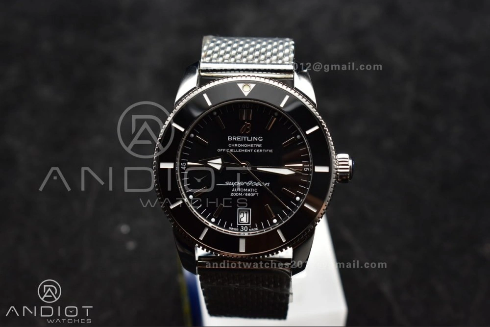 HighQuality Super Ocean Heritage II BLSF 42mm SS Black Dial Black Ceramic Bezel on SS Mesh Bracelet A 194