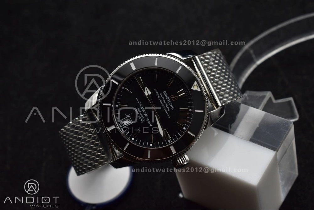 HighQuality Super Ocean Heritage II BLSF 42mm SS Black Dial Black Ceramic Bezel on SS Mesh Bracelet A 194