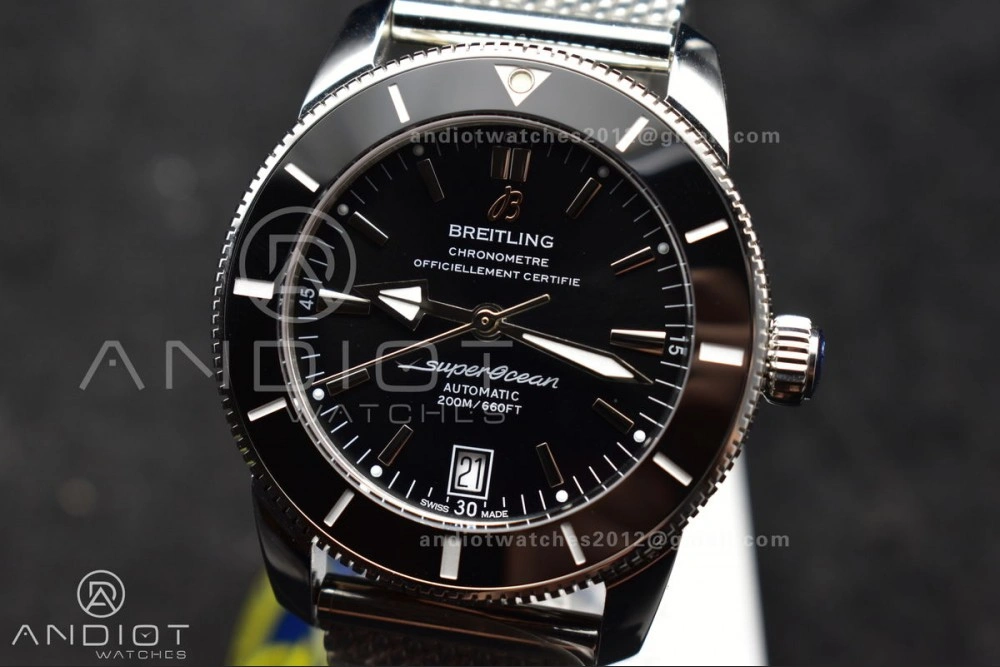 HighQuality Super Ocean Heritage II BLSF 42mm SS Black Dial Black Ceramic Bezel on SS Mesh Bracelet A 194