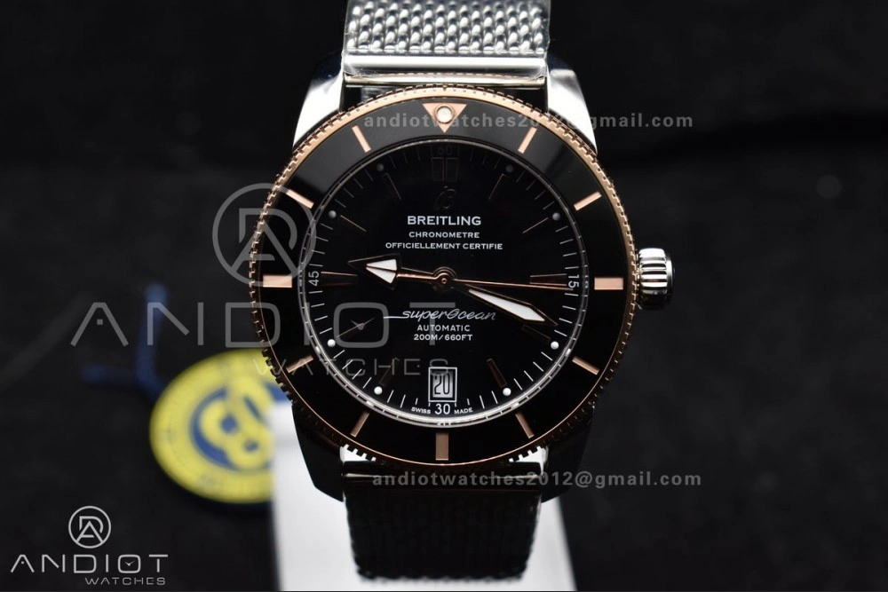 SuperOcean Heritage II BLSF 42mm SS Black Dial Black Ceramic Bezel on RG Bezel and Rubber Bracelet A Fashionable 1173