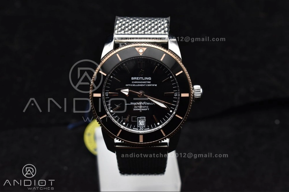 SuperOcean Heritage II BLSF 42mm SS Black Dial Black Ceramic Bezel on RG Bezel and Rubber Bracelet A Fashionable 1173