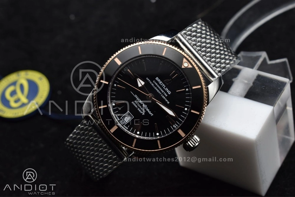 SuperOcean Heritage II BLSF 42mm SS Black Dial Black Ceramic Bezel on RG Bezel and Rubber Bracelet A Fashionable 1173