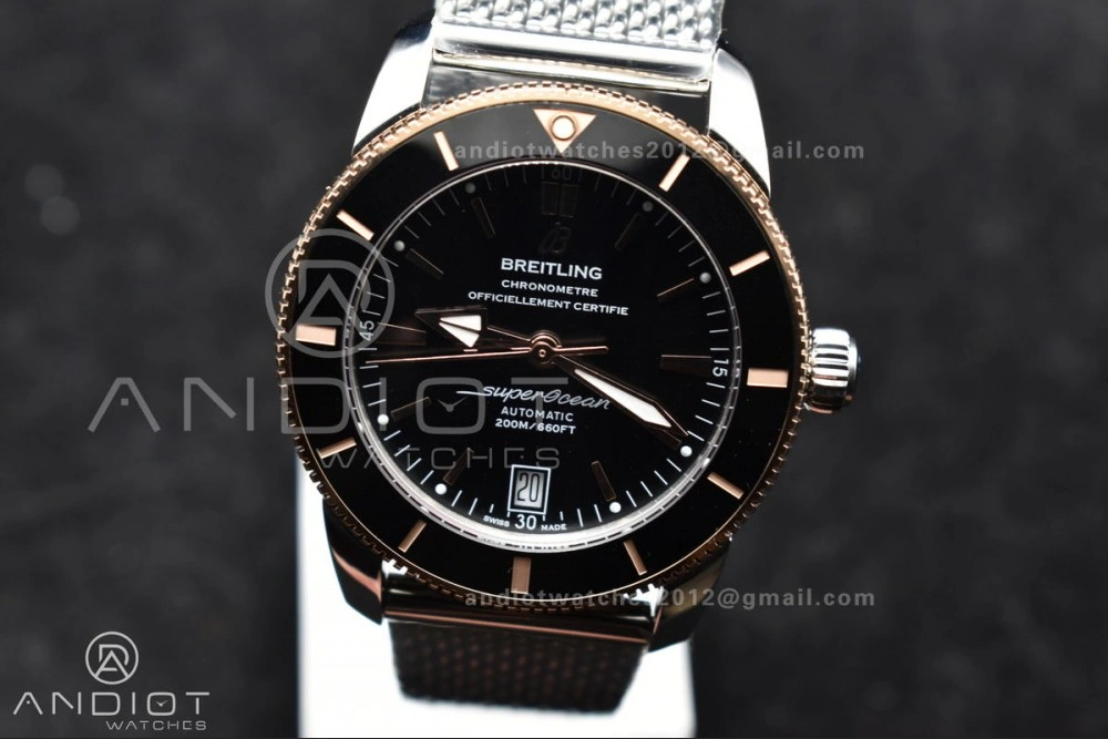 SuperOcean Heritage II BLSF 42mm SS Black Dial Black Ceramic Bezel on RG Bezel and Rubber Bracelet A Fashionable 1173