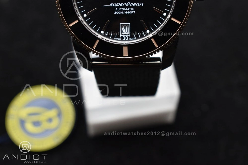 SuperOcean Heritage II BLSF 42mm SS Black Dial Black Ceramic Bezel on RG Bezel and Rubber Bracelet A Fashionable 1173