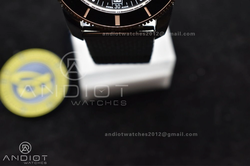 SuperOcean Heritage II BLSF 42mm SS Black Dial Black Ceramic Bezel on RG Bezel and Rubber Bracelet A Fashionable 1173