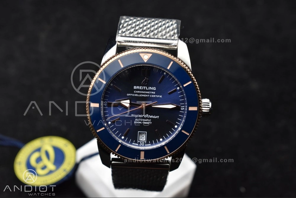 Breathable SuperOcean Heritage II BLSF 42mm SS Blue Dial Blue Ceramic Bezel on RG Bezel and Mesh Bracelet A 204