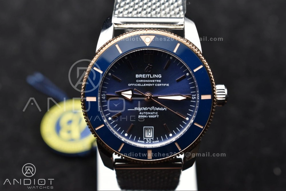 Breathable SuperOcean Heritage II BLSF 42mm SS Blue Dial Blue Ceramic Bezel on RG Bezel and Mesh Bracelet A 204