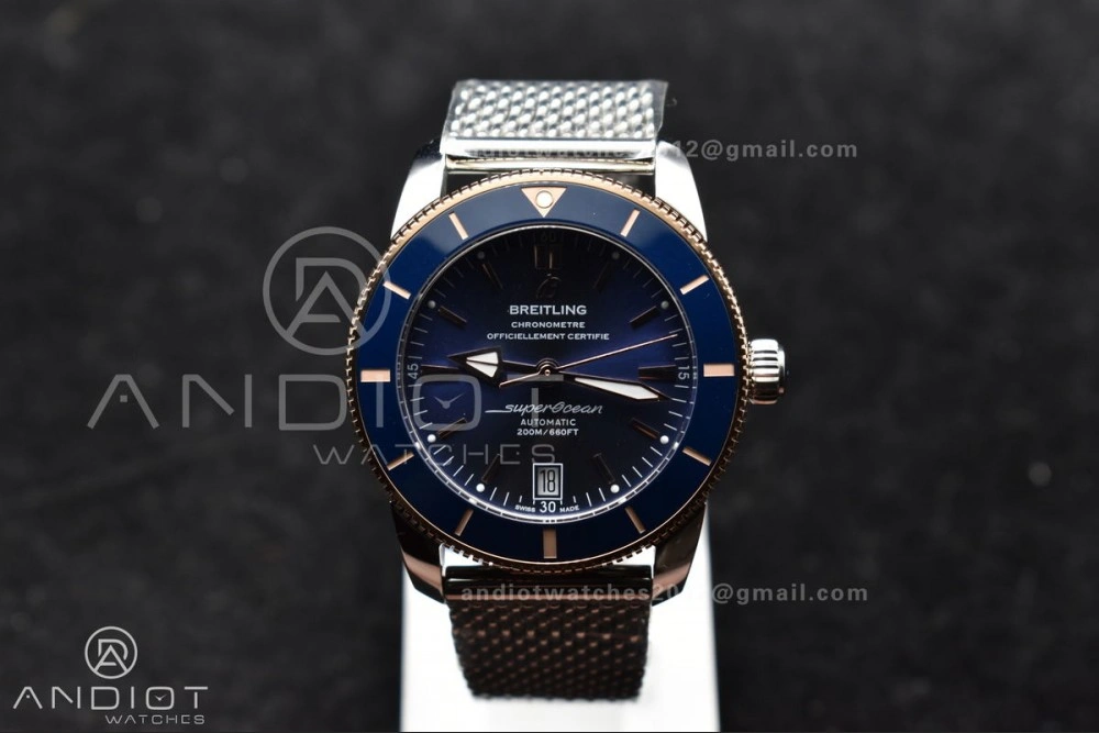 Breathable SuperOcean Heritage II BLSF 42mm SS Blue Dial Blue Ceramic Bezel on RG Bezel and Mesh Bracelet A 204