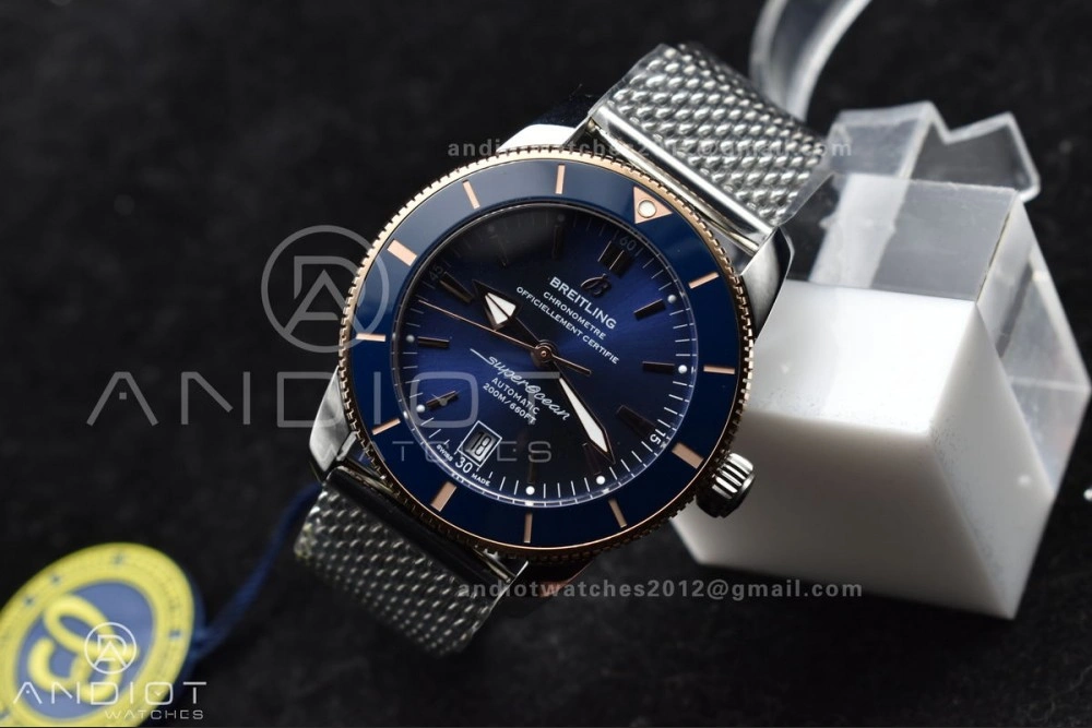 Breathable SuperOcean Heritage II BLSF 42mm SS Blue Dial Blue Ceramic Bezel on RG Bezel and Mesh Bracelet A 204