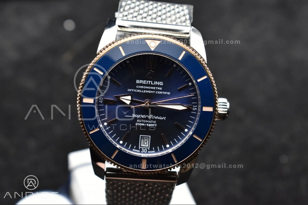 Breathable SuperOcean Heritage II BLSF 42mm SS Blue Dial Blue Ceramic Bezel on RG Bezel and Mesh Bracelet A 204