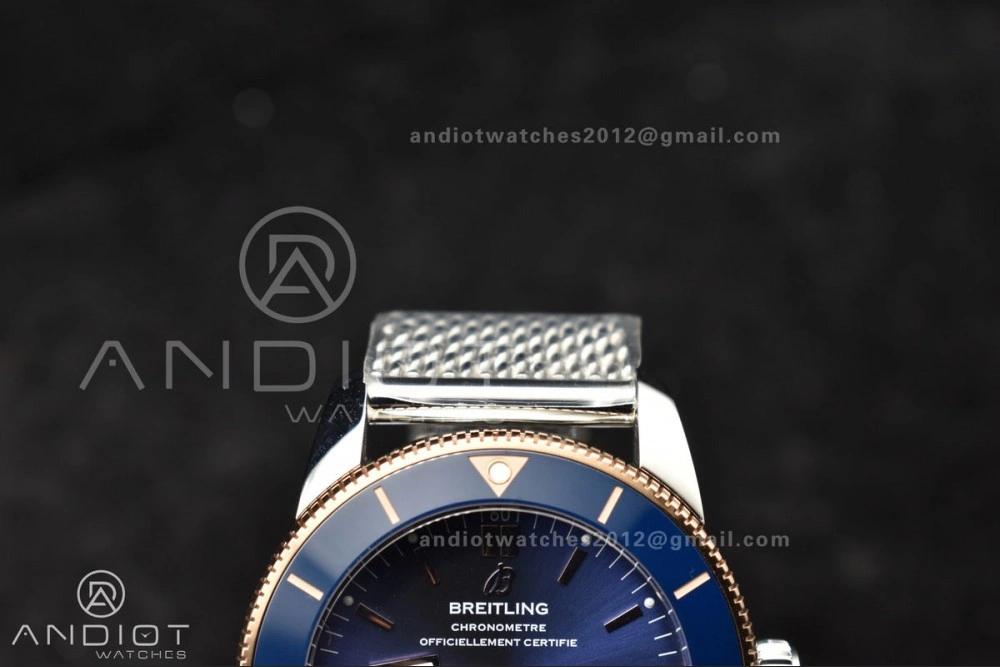 Breathable SuperOcean Heritage II BLSF 42mm SS Blue Dial Blue Ceramic Bezel on RG Bezel and Mesh Bracelet A 204