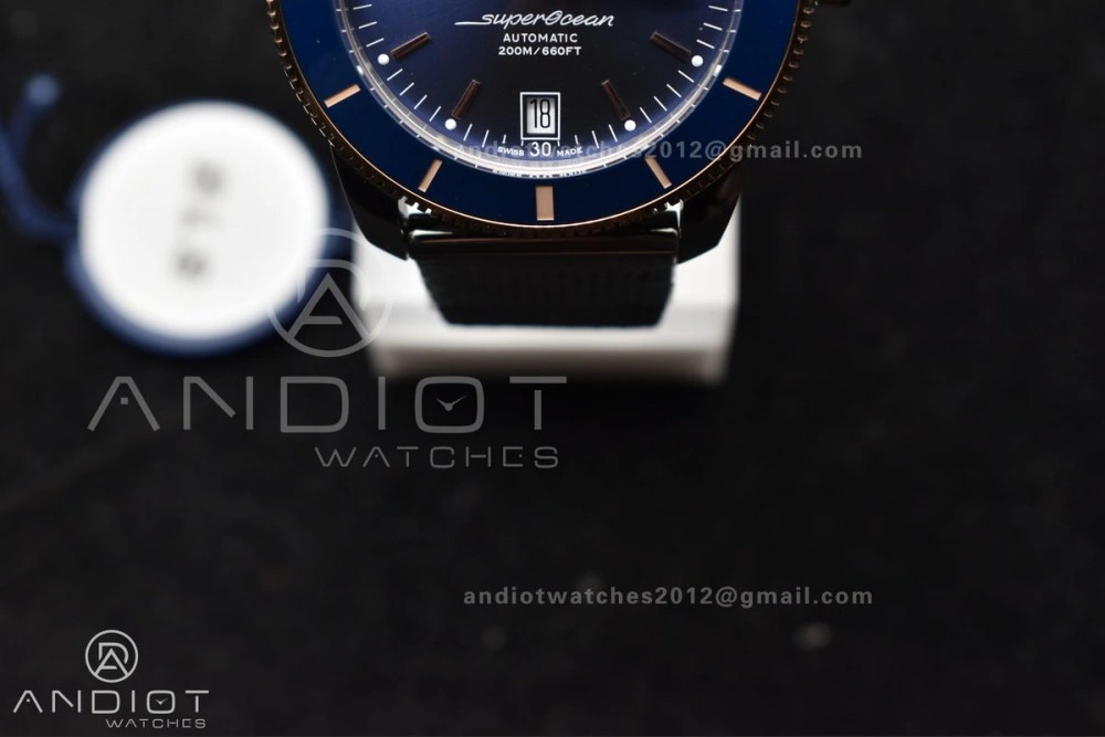 Breathable SuperOcean Heritage II BLSF 42mm SS Blue Dial Blue Ceramic Bezel on RG Bezel and Mesh Bracelet A 204