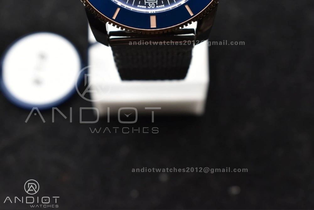 Breathable SuperOcean Heritage II BLSF 42mm SS Blue Dial Blue Ceramic Bezel on RG Bezel and Mesh Bracelet A 204