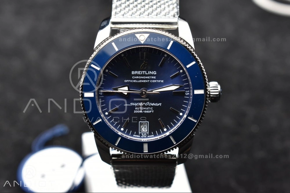 Sophisticated SuperOcean Heritage II BLSF 42mm SS Blue Dial Blue Ceramic Bezel on SS Mesh Bracelet A 1169