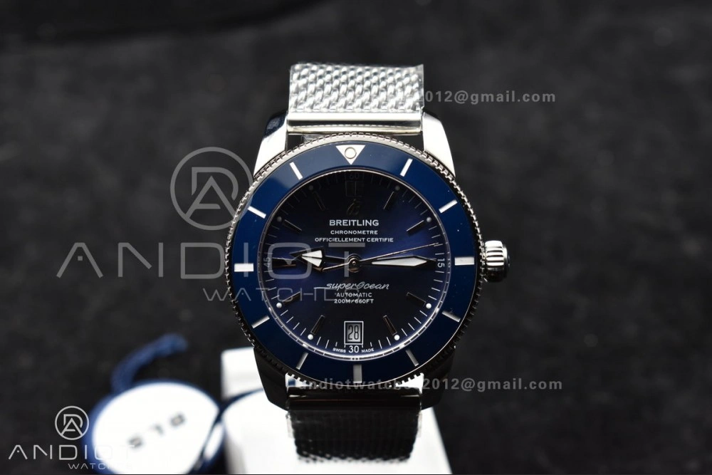 Sophisticated SuperOcean Heritage II BLSF 42mm SS Blue Dial Blue Ceramic Bezel on SS Mesh Bracelet A 1169