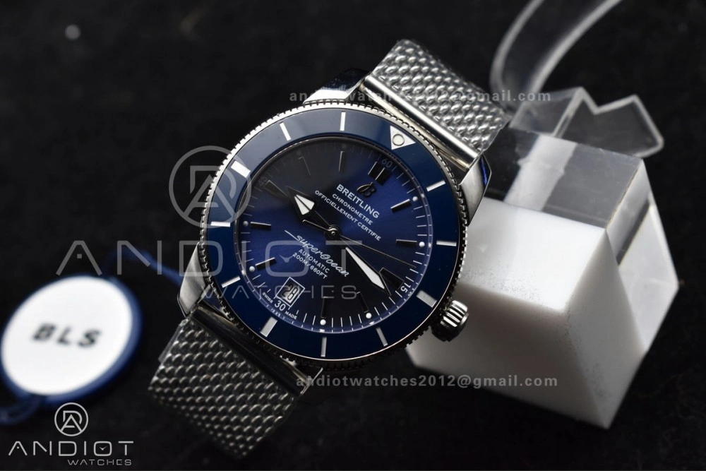 Sophisticated SuperOcean Heritage II BLSF 42mm SS Blue Dial Blue Ceramic Bezel on SS Mesh Bracelet A 1169