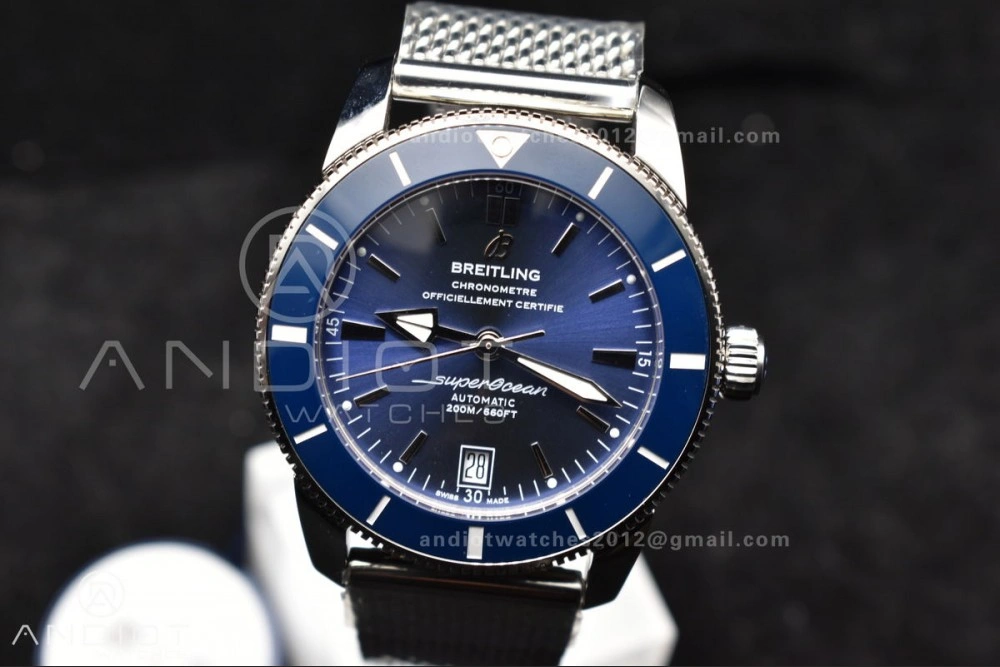 Sophisticated SuperOcean Heritage II BLSF 42mm SS Blue Dial Blue Ceramic Bezel on SS Mesh Bracelet A 1169