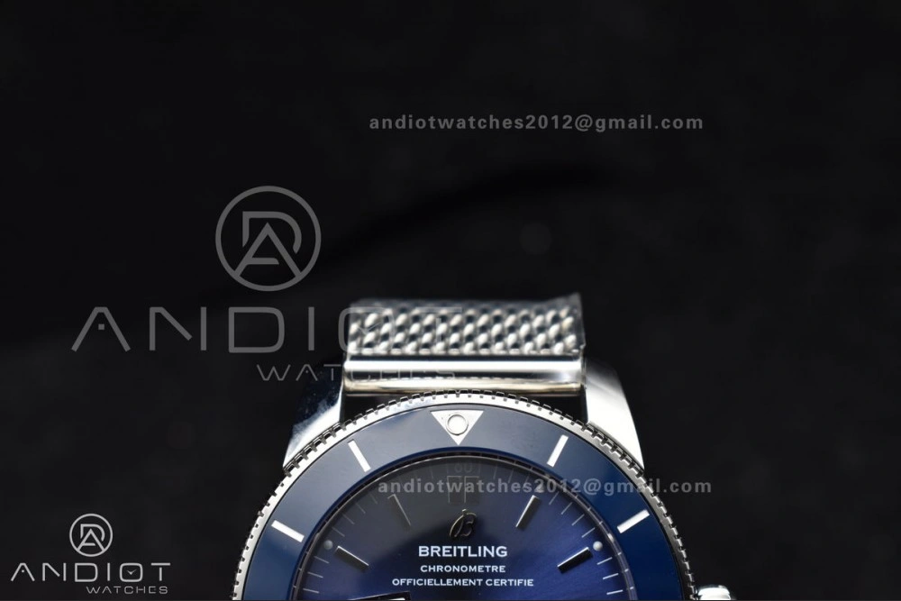 Sophisticated SuperOcean Heritage II BLSF 42mm SS Blue Dial Blue Ceramic Bezel on SS Mesh Bracelet A 1169