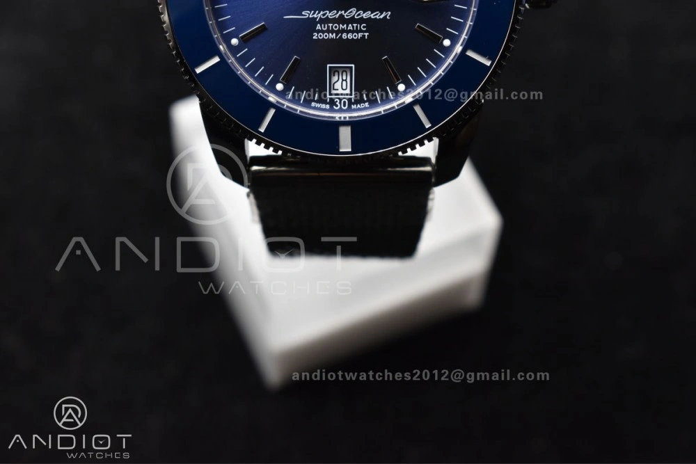 Sophisticated SuperOcean Heritage II BLSF 42mm SS Blue Dial Blue Ceramic Bezel on SS Mesh Bracelet A 1169