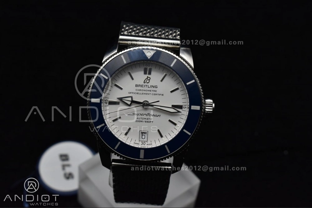TimelessDesign SuperOcean Heritage II BLSF 42mm SS White Dial Blue Ceramic Bezel on SS Mesh Bracelet A 207