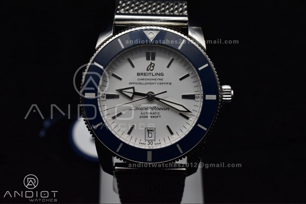 TimelessDesign SuperOcean Heritage II BLSF 42mm SS White Dial Blue Ceramic Bezel on SS Mesh Bracelet A 207