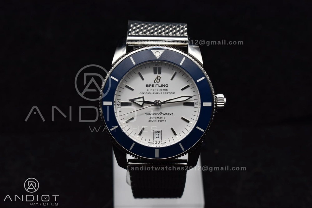 TimelessDesign SuperOcean Heritage II BLSF 42mm SS White Dial Blue Ceramic Bezel on SS Mesh Bracelet A 207