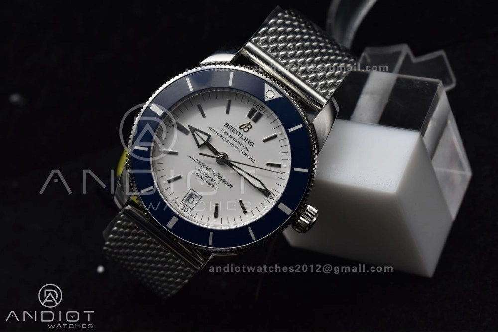 TimelessDesign SuperOcean Heritage II BLSF 42mm SS White Dial Blue Ceramic Bezel on SS Mesh Bracelet A 207