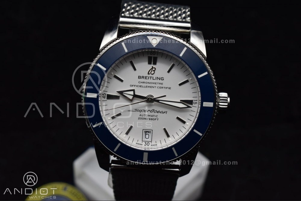 TimelessDesign SuperOcean Heritage II BLSF 42mm SS White Dial Blue Ceramic Bezel on SS Mesh Bracelet A 207