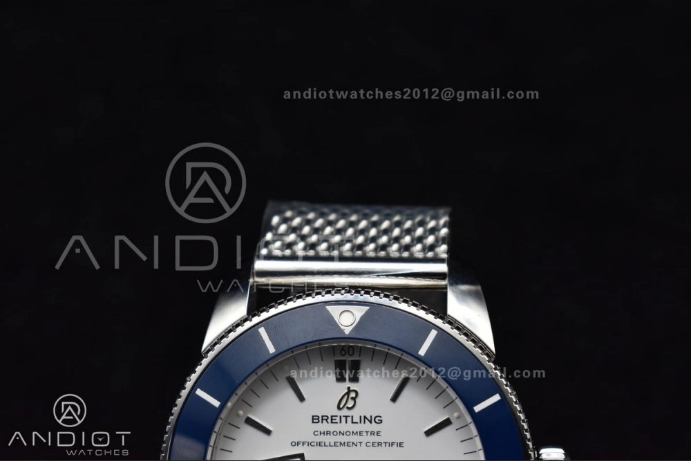 TimelessDesign SuperOcean Heritage II BLSF 42mm SS White Dial Blue Ceramic Bezel on SS Mesh Bracelet A 207