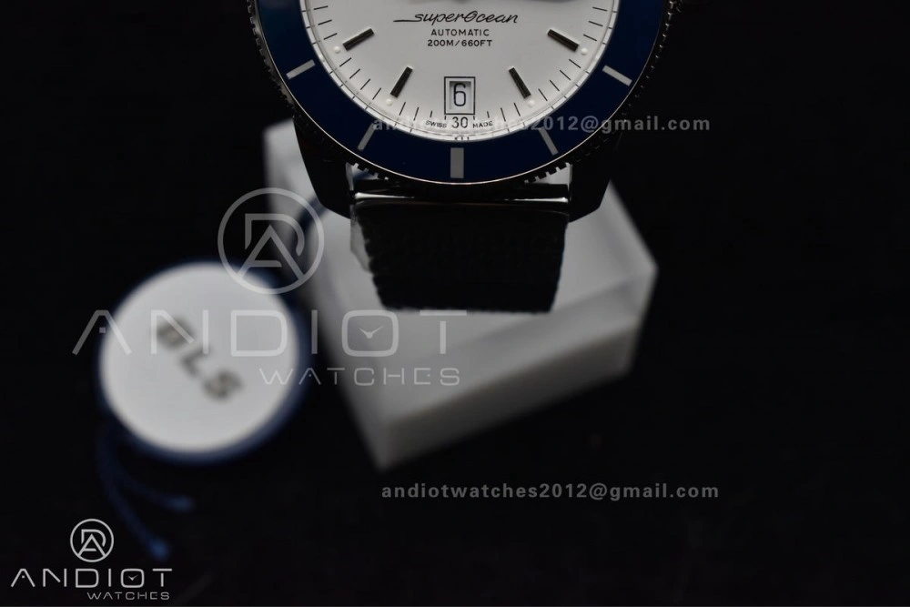 TimelessDesign SuperOcean Heritage II BLSF 42mm SS White Dial Blue Ceramic Bezel on SS Mesh Bracelet A 207